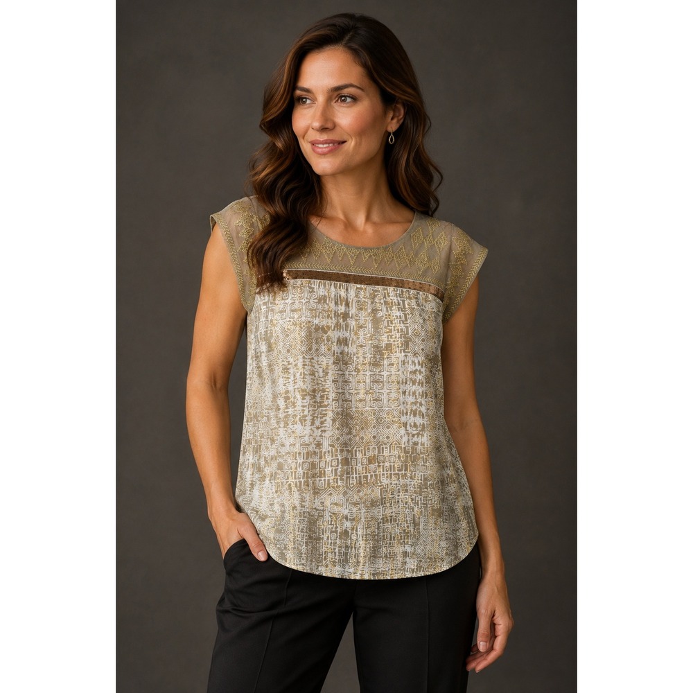 Chico's Blouse Womens Medium Gold  Geometric Embroidered Sequin Mesh Shell Top